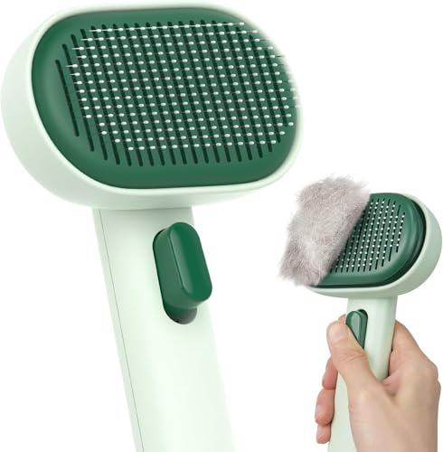 aumuca Cat Dog Brush with Release Button, Grooming Comb for Shedding | Self Cleaning Pet Brush for Long or Semi-Short Haired Cats, Removing Loose Fur & Tangles and Massage