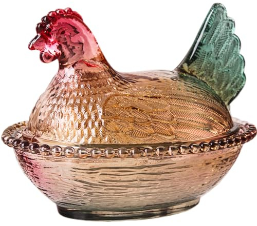 Falytemow Glass Crystal Hen-Shaped Candy Dish, Creative Chicken Design Fruit Bowl with Lid for Tabletop Decoration, Dessert Snack Plate for Home, Office, Wedding Decor (Amber)