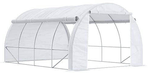 Outsunny Serre de Jardin 12 m² dim. 4L x 3l x 2H m avec Porte + parois latérales zippées enroulables, 8 fenêtres, Acier PE Haute densité 140 g/m² Anti-UV Blanc