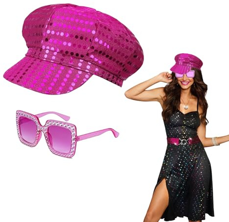 QSZHSL Glitzer-Hut Abba Hut Abba Zubehör Damen mit Pailletten Hut Bling Sonnenbrille 70er Jahre Pailletten Frauen Disco Zubehör Fancy Disco Kostüm Set für Frauen Themenparty Geburtstag Tanz