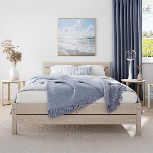 Nodax King Size Bed Frame – F3 Solid Pine Rustic Chunky Wooden Bed Frame for Adults, Eco Colour Woodstain Option, Slatted Base with Extra Four Supportive Legs, Bedroom Furniture | 5ft (Desert Grey)