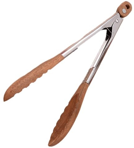 Pinces en bois 11, 4x1, 6 pouces Pinces en bois de noyer antidérapantes et résistantes à la chaleur avec poignée en acier inoxydable Aliments autobloquants pour la cuisine, la cuisson, le barbecue, le