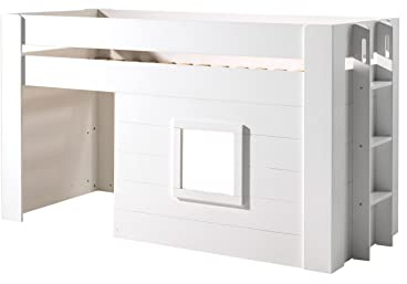 FURNLUX NOAH Hochbett, 90x200 cm, Kinderbett mit Spielbereich, Weiß, MDF-Konstruktion, 96x214x121 cm, Leiter beidseitig montierbar