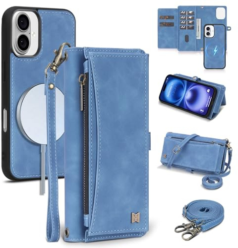 BLISLIAR Wallet Case for iPhone 16,RFID Blocking,Crossbody,Sky Blue
