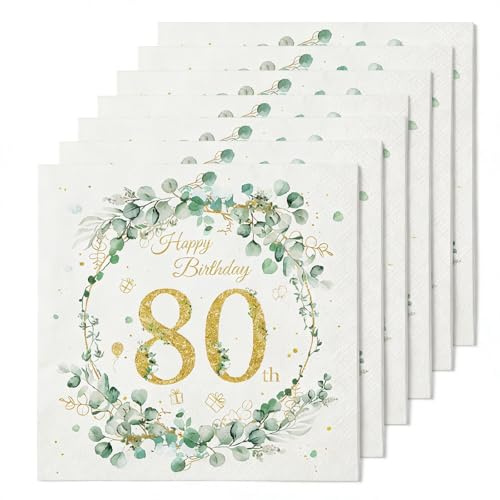 40 Stück Servietten 18 Geburtstag Servietten Eukalyptus Geburtstag, Papierservietten Grün Gold für deko 18 geburtstag mädchen Junge Feiern Party Jubil (80 Jahre alt)