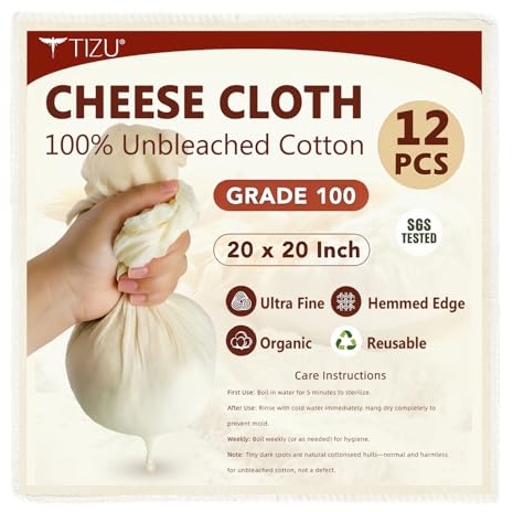 Grade 100+ Käsetuch & Passiertuch 50x50cm 4/6/12 Stück Wiederverwendbar Waschbar Ungebleichte Bio-Baumwolle Cheesecloth Fein Gewebt Fusselfrei Filterbeutel für Nussmilch Joghurt Kaffee (12 Stück)