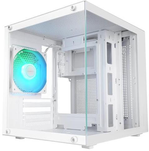 Mars Gaming MC-Cube, MicroATX-PC-Gehäuse, Ultrakompaktes Würfelformat, Panoramisches Gehärtetes Glas, 120mm ARGB-Rücklüfter, Unterstützung für Flüssigkeitskühlungen 120mm, Mini-Tower USB-C, Weiß