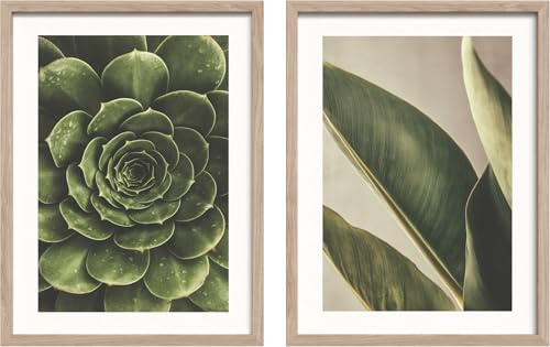 STYLER Bilder Set Beauty Green 2x 30x40 cm (AUFHÄNGFERTIG) mit hochwertigem Holzrahmen – Botanische Wandbilder Grün Beige – Moderne Pflanzen Poster im Boho & Scandi Stil