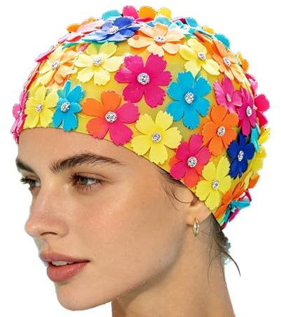 Cuffie Da Bagno Vintage Con Petali Floreali Per Donna | Cuffia Da Bagno Impermeabile Con Design A Fiori Con Strass | Cappello Da Bagn-o Per La Cura Dei Capelli Lunghi Da Donna Con Fiori Per Casa