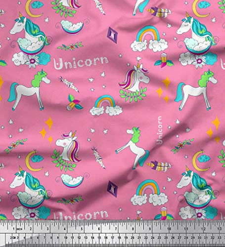 Soimoi Rosa Baumwolle Batist Stoff Regenbogen und Einhorn Karikatur Stoff Meterware 42 Zoll breit