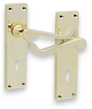Infinity Decor Set of Polished Brass Victorian Scroll Lever Lock Door Handle on Rectangular Backplate – Key Lock Lever for Interior and Exterior Use