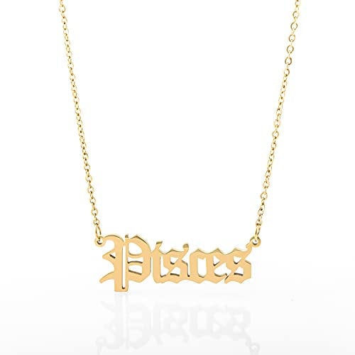 Minegreet Old English Zodiac Necklace for Women, Horoscope Birth Star Sign Letter Astrology Constellation Necklace Birthday Gift (Pisces-Gold)