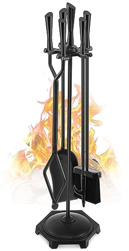 Gtongoko Juego de 5 Herramientas para Chimenea de Hierro Forjado Negro de 32 Pulgadas, Juego de Herramientas Grandes para Exteriores e Interiores, Incluye póquer de Chimenea, Pinzas rústicas, Pala,