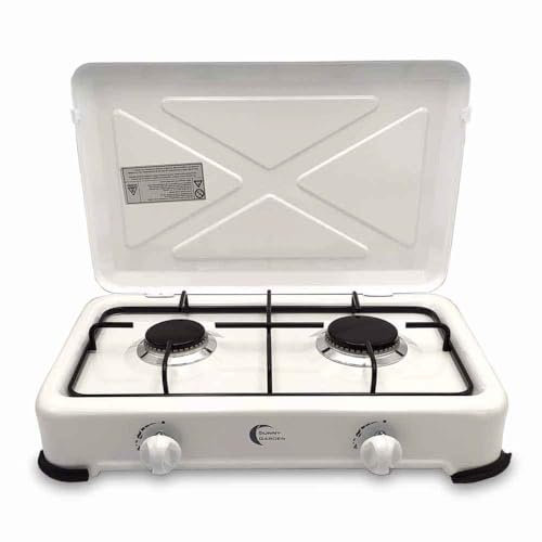 Cocina de gas portátil de 2 fuegos | Control de llama | Cocina de camping compacta con tapa | Ideal para camping, exteriores, viajes | 4 protectores de goma antideslizantes | color Blanco