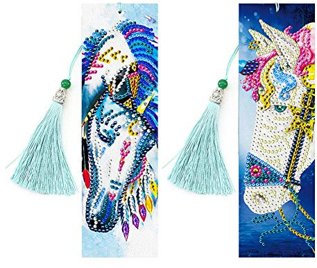 2pcs 5D DIY Diamond Painting Bookmarks Beautiful Leather Tassel Bookmark Leder Lesezeichen 5D DIY Diamant Malerei Buntes Pferd Kreuzstich DIY Flower Print Beads Bookmark Gift