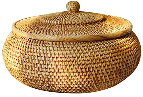 Katigan Round Rattan Box,Wicker Fruit Basket with Lid Bread Basket Tray Storage Basket Willow Woven Basket for Bread, Snack