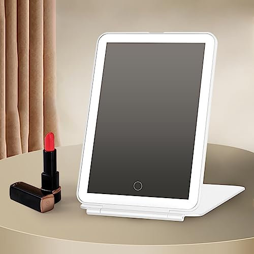 Meidom Kosmetikspiegel mit Beleuchtung, Wiederaufladbarer Schminkspiegel mit 72 LED Licht Touchscreen Dimmbarer mit 3 Lichtfarben Reisespiegel Klappbar Tragbarer Makeup Spiegel (Weiß)