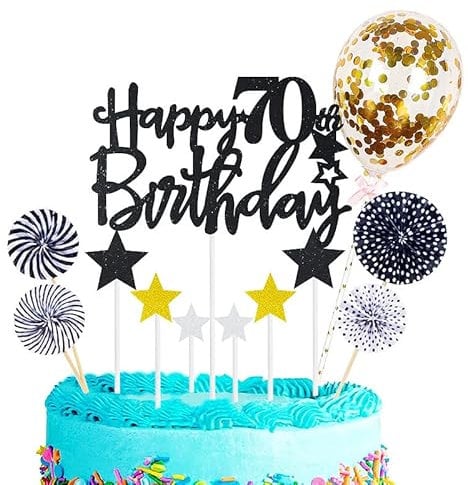 Personalised Happy 70th Birthday Cake Toppers Black for Men,Women,Him,Her,Happy Birthday Sign for Cake,12p Glitter Cupcake Topper Cake Topper Kit 70th Birthday Cake Decoration for 70th Birthday Party