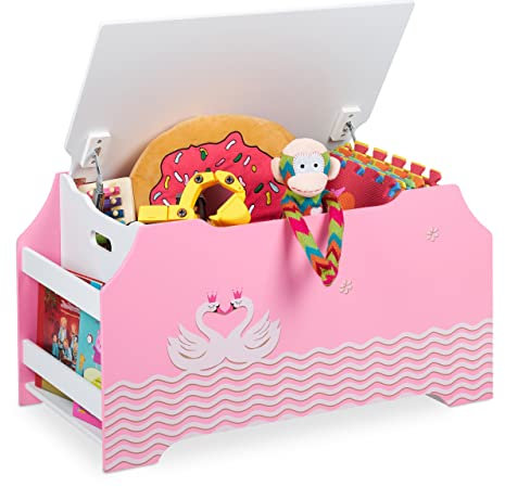 Relaxdays Cassapanca Organizer, Portagiochi per la Cameretta, Vani per Libri, Coperchio, HLP, 5 cm, Rosa Bianco, Fibra di Legno, 46x84x42,5