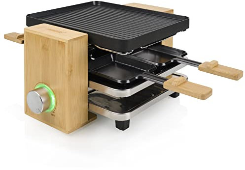 Princess SDA 162950 Raclette Pure 4 – Bambusausführung für bis zu Personen regelbares Thermostat 800 Watt Pfännchen und Spatel, 01.162950.01.001, Bambus/Schwarz
