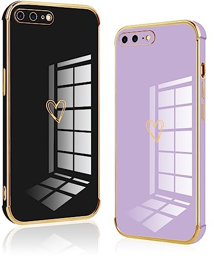 Vauki [2 Packs Coque pour iPhone 8 Plus/iPhone 7 Plus, Silicone Antichoc Housse, Étui avec Motif Coeur et Bordure Dorée pour iPhone 8 Plus 5.5, Noir et Violet