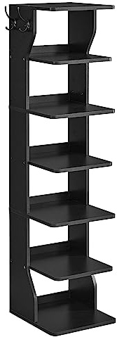 VASAGLE 7-Tier Vertical Shoe Rack, Narrow Shoe Storage Organizer with Hooks, Slim Corner Tower Shelf, Space-Saving for Entryway and Bedroom, Black ULBS200T16