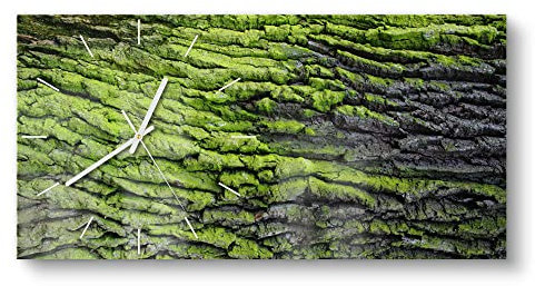 DEQORI Glasuhr | vertikal 60x30 cm | Motiv Moosbewachsene Baumrinde | große XXL Design Uhr aus Glas | leise Wanduhr für Wohnzimmer & Küche | Moderne Hingucker Uhr für die Wand
