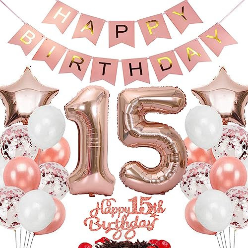 Feelairy Geburtstagsdeko 15 Jahre Mädchen, Rosegold Luftballon 15. Geburtstag Deko Mädchen, Tortendeko Happy 15th Birthday Deko 15 Jahre Mädchen, Ballon 15. Geburtstag Kinder Party Dekoration Set