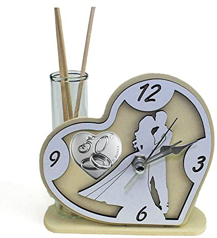 DLM 34335 (Kit 12 Pezzi) Profumatore Orologio Cuore con Coppia Sposi in Legno Coppia FEDI 50 Anniversario d'oro Cinquantesimo Nozze Matrimonio Diffusore Profumo bomboniera