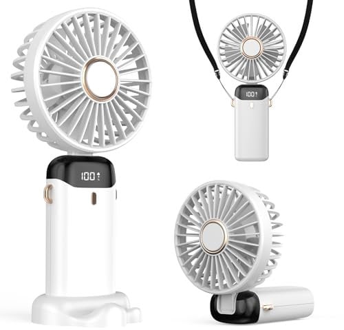 Refluxe Portable Handheld Fan, 4200mAh USB Fan with LED Display, 3-in-1 Handheld/Neck/Desktop Fan, 90° Adjustable Foldable, for Summer, Office, Bedroom, Travel, Gifts for Adult & Kid (White)