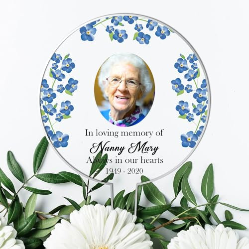 Personalised Memorial Acrylic Grave Stakes - Custom Plaque for Loved Ones Heartwarming Memorial Tribute for Ground Placement (Blue Flowers)