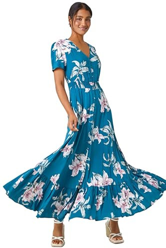 Roman Shirred Empire Waist Dress for Women UK Ladies Midi Maxi Summer Spring Tiered Frill Hem Short Sleeve V Neck Button Through Boho Bohemian Holiday Cruise - Teal - Size 12