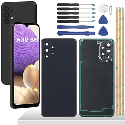 YHX-OU Schwarz Akkudeckel für Samsung Galaxy A32 5G Rückseite Backcover Akkufachdeckel Rückseite Ersatz Reparatur Set mit Kamera Linse Glas + Werkzeug