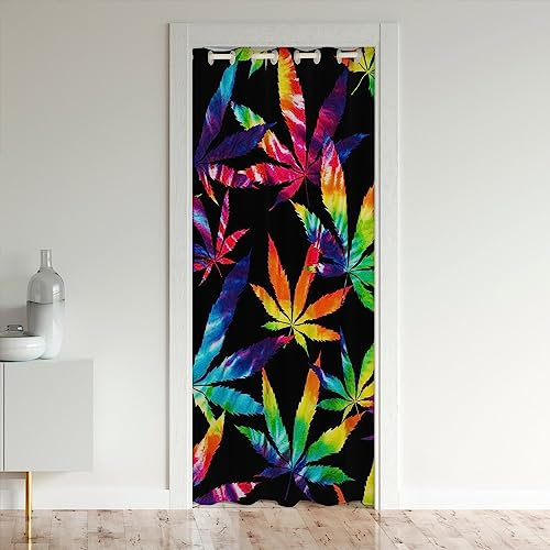 richhome Marihuana Blatt Blackout Vorhang 1 Panel 86x203, Regenbogen Marihuana Unkraut Blätter Türvorhang Moderne Tür für Küche Restaurant, Boho Tropische Pflanzen Boho Mandala Blumen Tür Vorhang