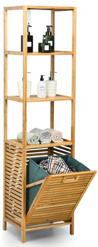 HOMASIS 2 in 1 Badezimmerregal mit abnehmbarem Wäschekorb & 3 Ebenen, Hochschrank aus Bambus, schmales Badregal für Handtuch & Toilettenartikel, 40 x 33 x 160 cm, Natur