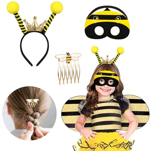 XEPST 3 PCS Bee Kostüm Damen, Bienenkostüm für Erwachsene Kit mit Queen Bee Haarreif Maske Biene Haarkamm Ladybug Spielzeug Bienen Kostüm Damen Zubehör für Fasching Verkleidung Karneval Cosplay
