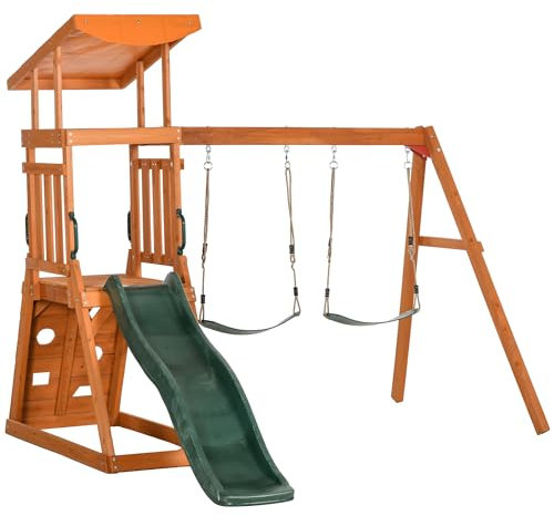 Outsunny Set 3 in 1 con Scivolo, 2 Altalene da Giardino e Parete da Arrampicata, Gioco da Esterno per Bambini Età 3-8 Anni, Struttura in Legno con Tettuccio Parasole