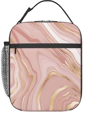 cromcu Insulated Lunch Box for Women Girls Marble Lunch Box for Work,Picnic,School,Travel,Hiking, Beach or Fishing Polyester Marble Lunch Bag Gold Pink Marble