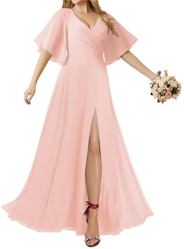WSEYU Robe de demoiselle d'honneur à manches courtes pour mariage, bal de fin d'année, robe de soirée froncée, robe midi, rose poudré, 50 plus