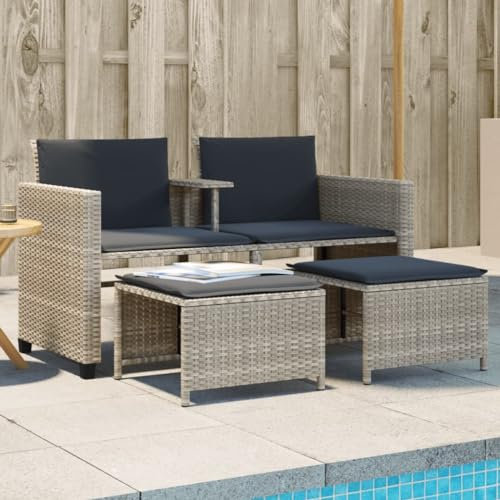 Gecheer Gartensofa 2 Sitzer, Tisch und Hockern, Gartenlounge, Sonnenliege, Gartenliege, Gartenmöbel, Terrassenmöbel, Hellgrau Poly Rattan