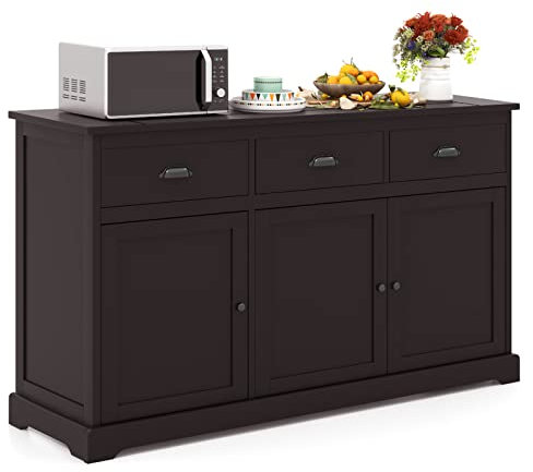 COSTWAY Sideboard Storage Cabinet, Modern Kitchen Cupboard with Adjustable Shelf, Drawers and Doors, Large Wooden Buffet Cabinet Unit for Dining Living Room Hallway (Dark Brown)