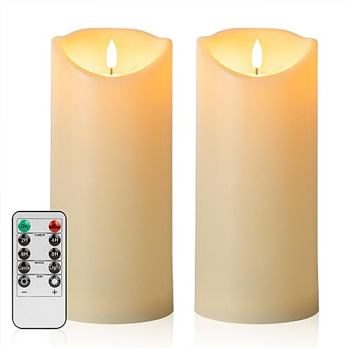 HJANDHJ Large Outdoor Waterproof Flickering Flameless Candles with Remote, 4x 9Battery Operated Candles with Timer, Ivory Fake LED Pillar Candles for Outdoor Lanterns Porch, Set of 2