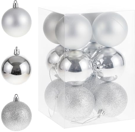 RELONGGI 6cm Weihnachtskugeln Silver - 12pcs Christbaumkugeln aus Plastik, Splitterfrei, 3stile und in Tollen Farben (Siber, 6cm)