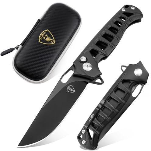 AUBEY Taschenmesser Klappmesser, Scharfes Messer Outdoor mit 14C28N Stahl Klinge, Aluminium Griff, Taschenclip, Button Lock - EDC Messer Pocket Knife für Jagd Geschenk Sammeln