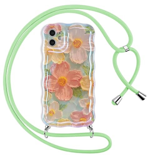 Kueqeay Coque avec Cordon pour iPhone 12 6,1'', Coloré Vintage Peinture Fleur Brillant Bordure de Vague TPU Cover Laniere Accroché Collier Réglable Housse Antichoc Caméra Protection Case, Jaune