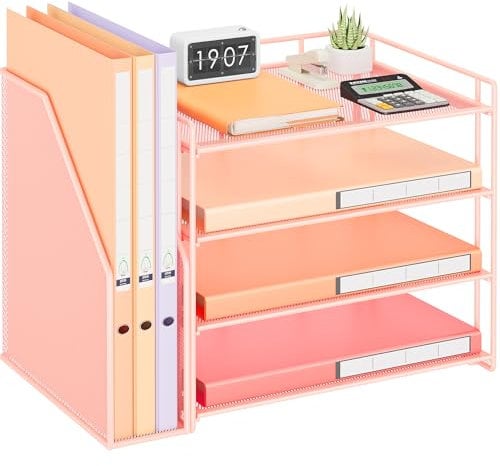 VITVITI 4 Tier Desk Organiser Tray, Letter Paper Tray Rack with Side File Holder, Desk Tidy Tool for Magazine, Home, School, Stationary Accessories Storage - Pink
