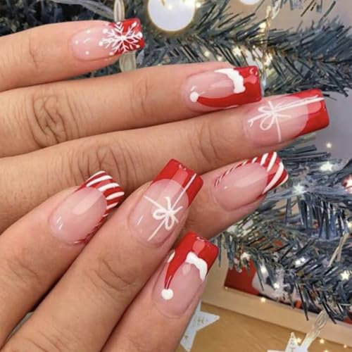 Calkkrer 24 Stück Weihnachtsnägel Rot Weiß Gestreift Press On Nails, Mittellange Künstliche Nägel, Quadratische Nägel Zum Aufkleben, Gefälschte Nägel Weihnachten Kunstnägel