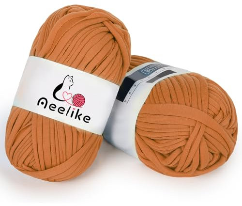 Aeelike 2x100g T-Shirt Garn Elastische Stoff häkeln Tuch Strickgarn für DIY Stricken, Garn dicke Textilgarn für Hand DIY Tasche Korb Kissen Häkeln Projekte, Home Decor(Ingwer)