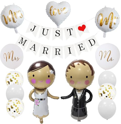 ParPix Brautpaar Luftballons Hochzeit Deko, Just Married Girlande Mit Mr & Mrs Ballons, Standesamt Figuren Love Hochzeitsballons Set