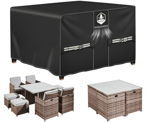 Rimwig Garden Furniture Covers Waterproof, 125x125x74cm Outdoor Rattan Table Chair Set Cover, 420D Oxford Heavy Duty Patio Furniture Cover with Air Vent Cube/Square